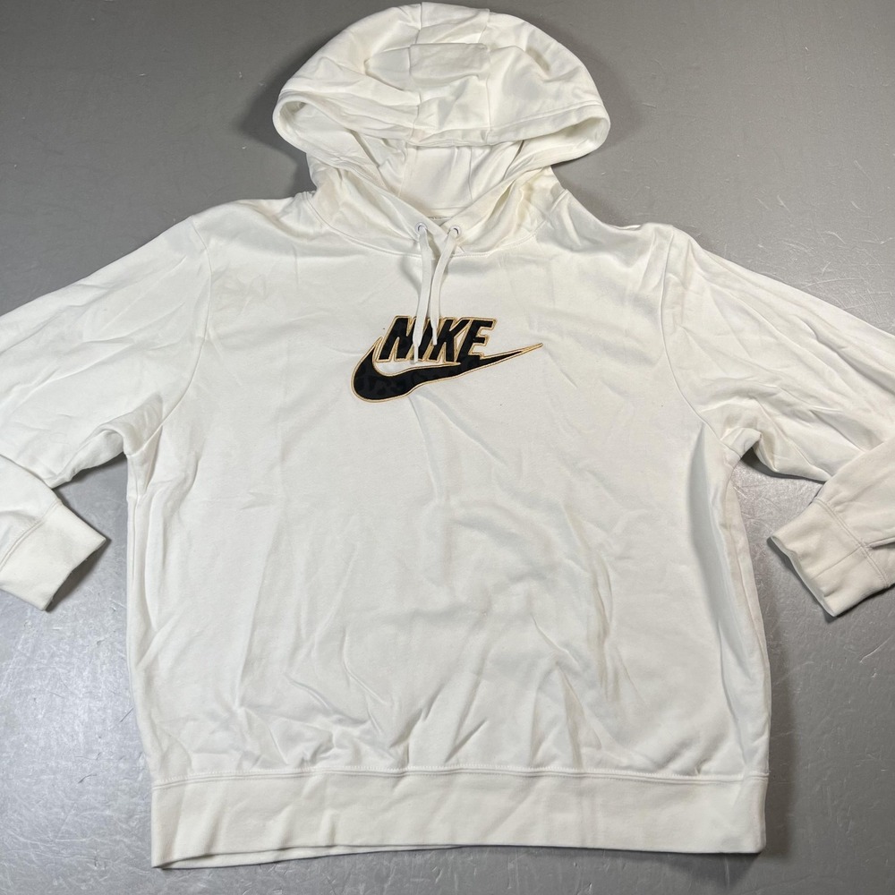 Nike Fleece Hoodie Mens Medium White Black Gold Swoosh Animal Print Embroidered